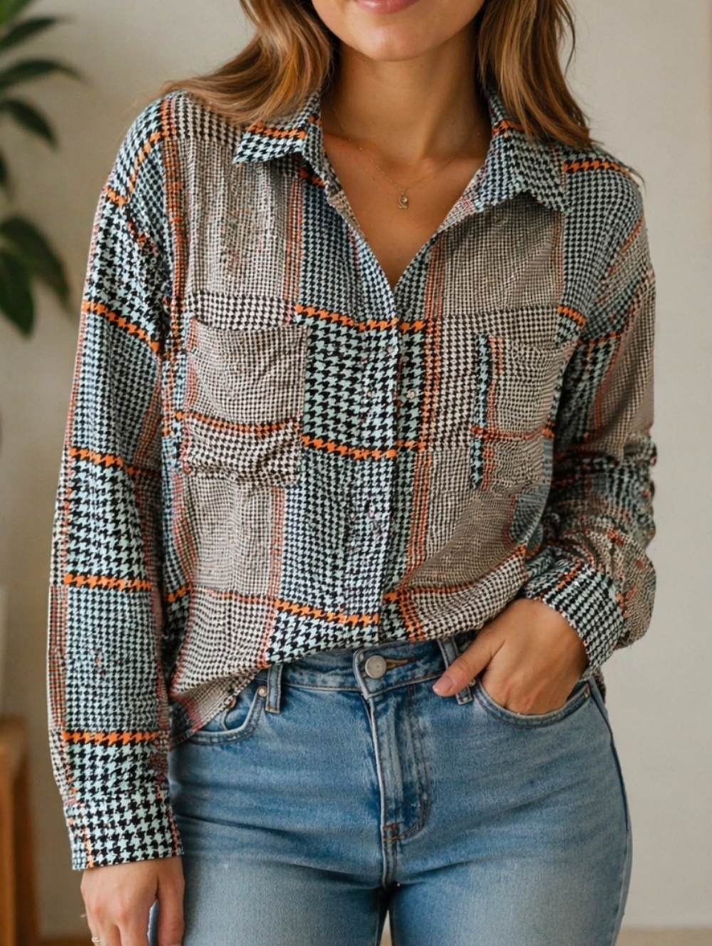 Velvet Heart 100% Rayon Plaid Button-Down Shirt Patchwork Houndstooth